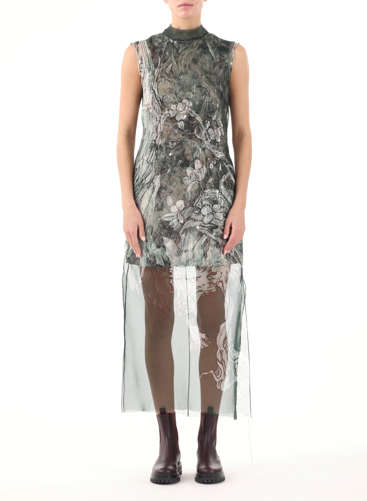 PRINTED ORGANZA SHEATH DRESS W/ CRINKLE FOIL UNDER view 1