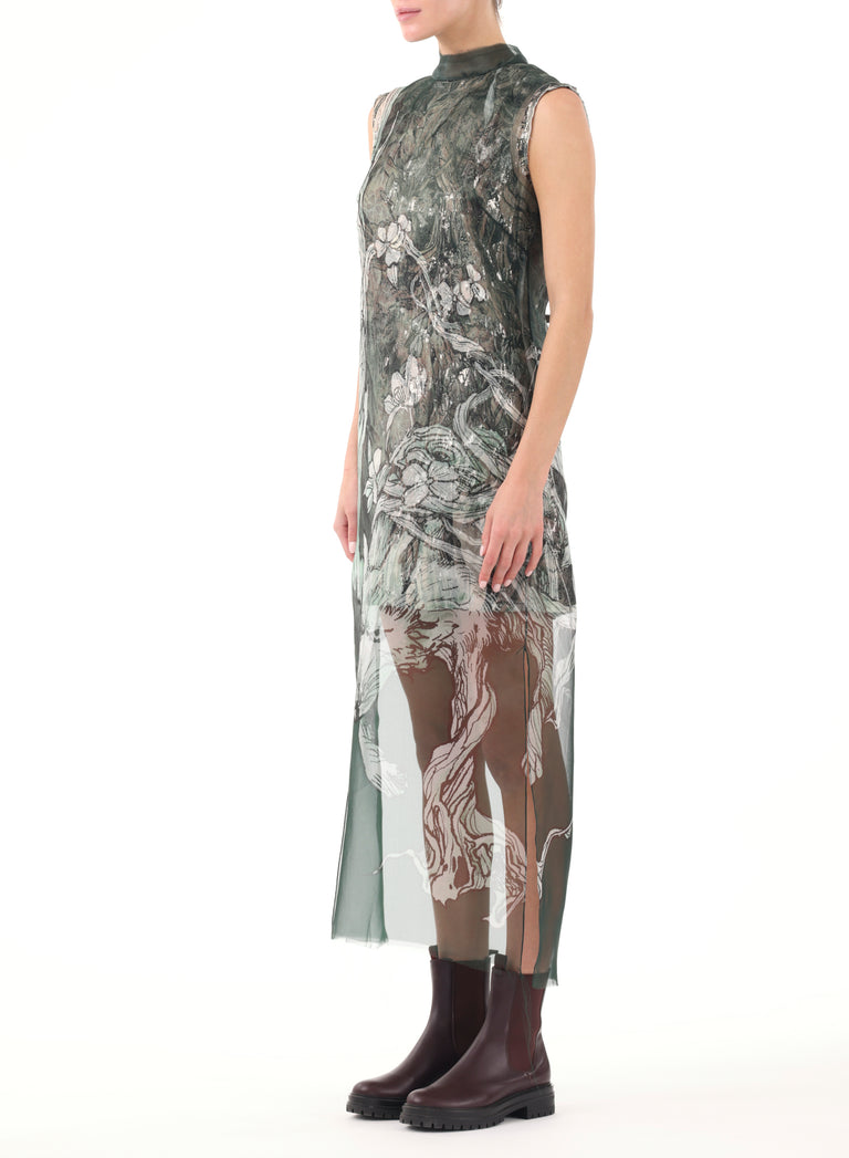 PRINTED ORGANZA SHEATH DRESS W/ CRINKLE FOIL UNDER view 2