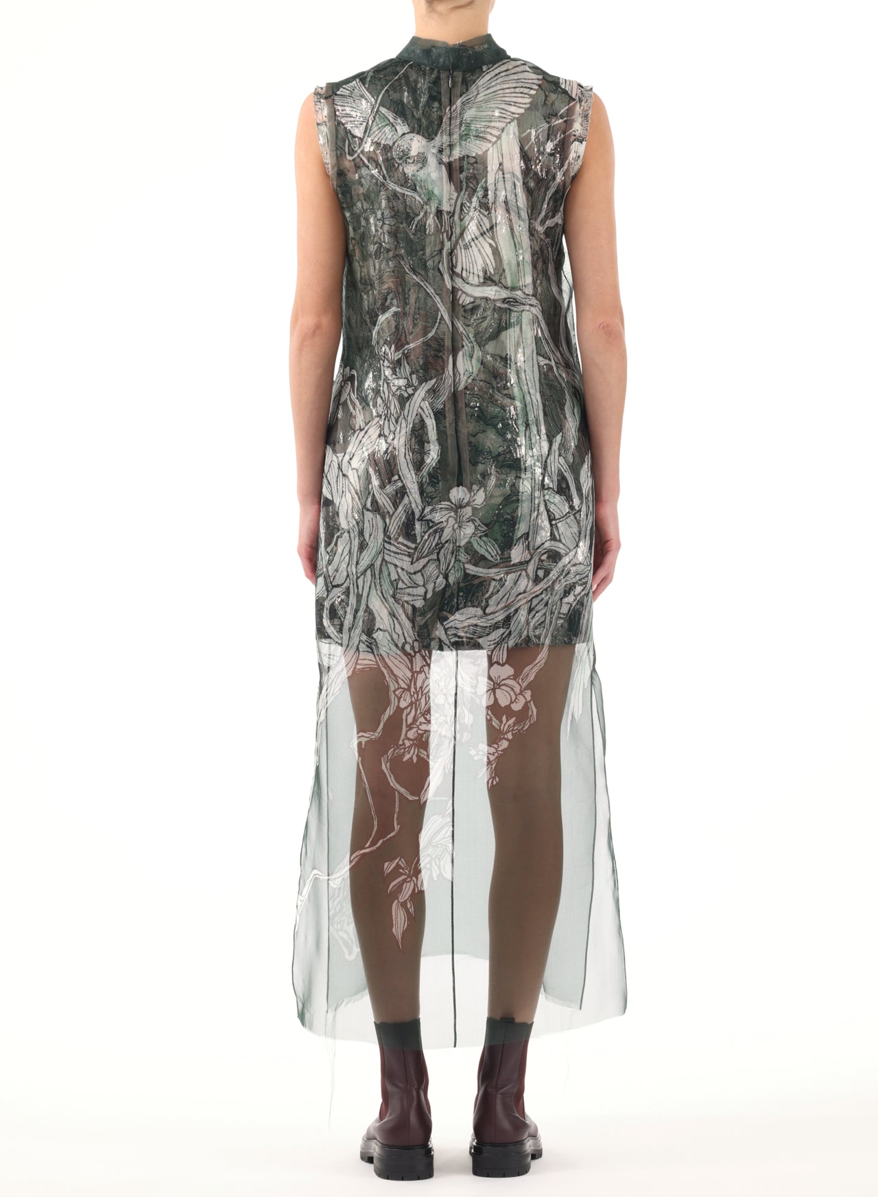 PRINTED ORGANZA SHEATH DRESS W/ CRINKLE FOIL UNDER view 3