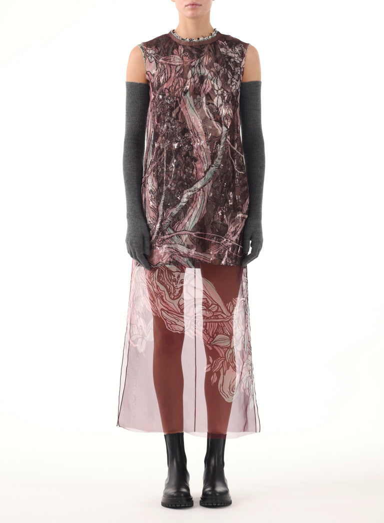 PRINTED ORGANZA SHEATH DRESS W/ CRINKLE FOIL UNDER view 1