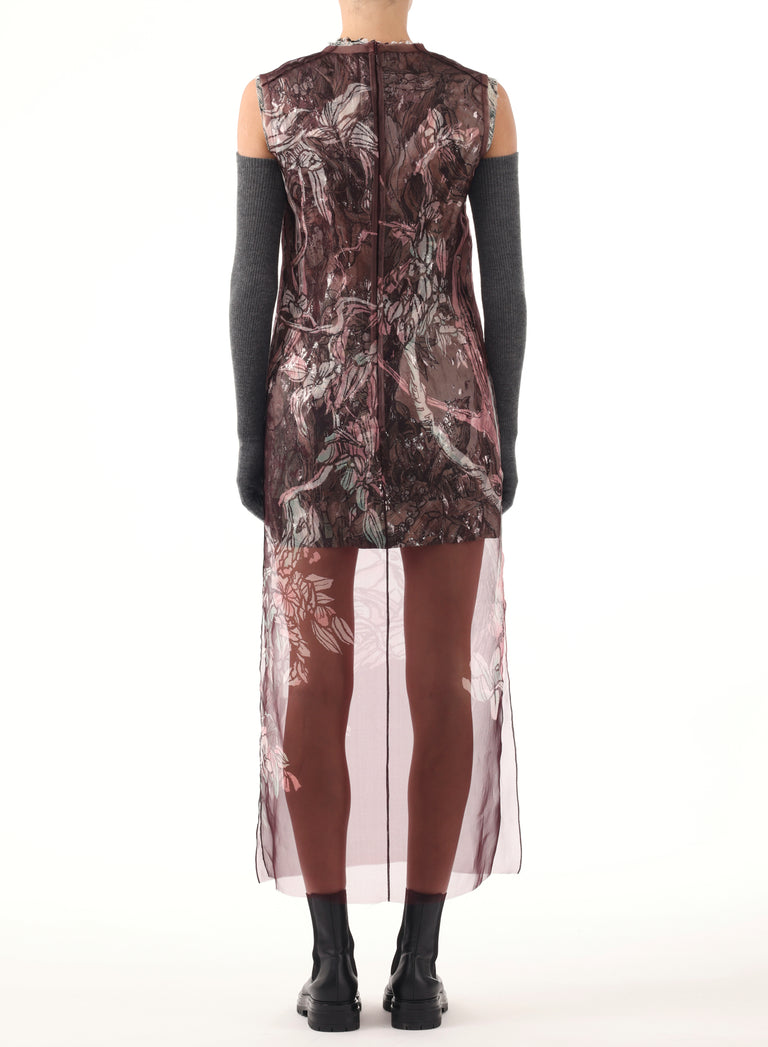 PRINTED ORGANZA SHEATH DRESS W/ CRINKLE FOIL UNDER view 3