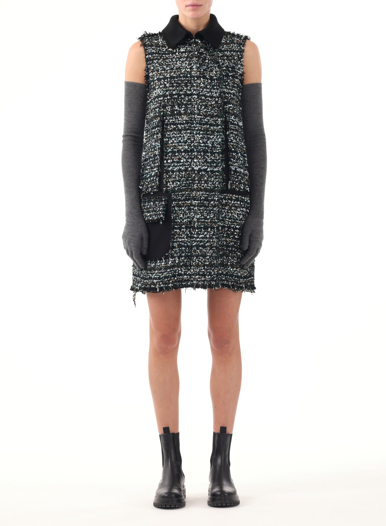 COLLARED TWEED MINI SHIFT DRESS view 1