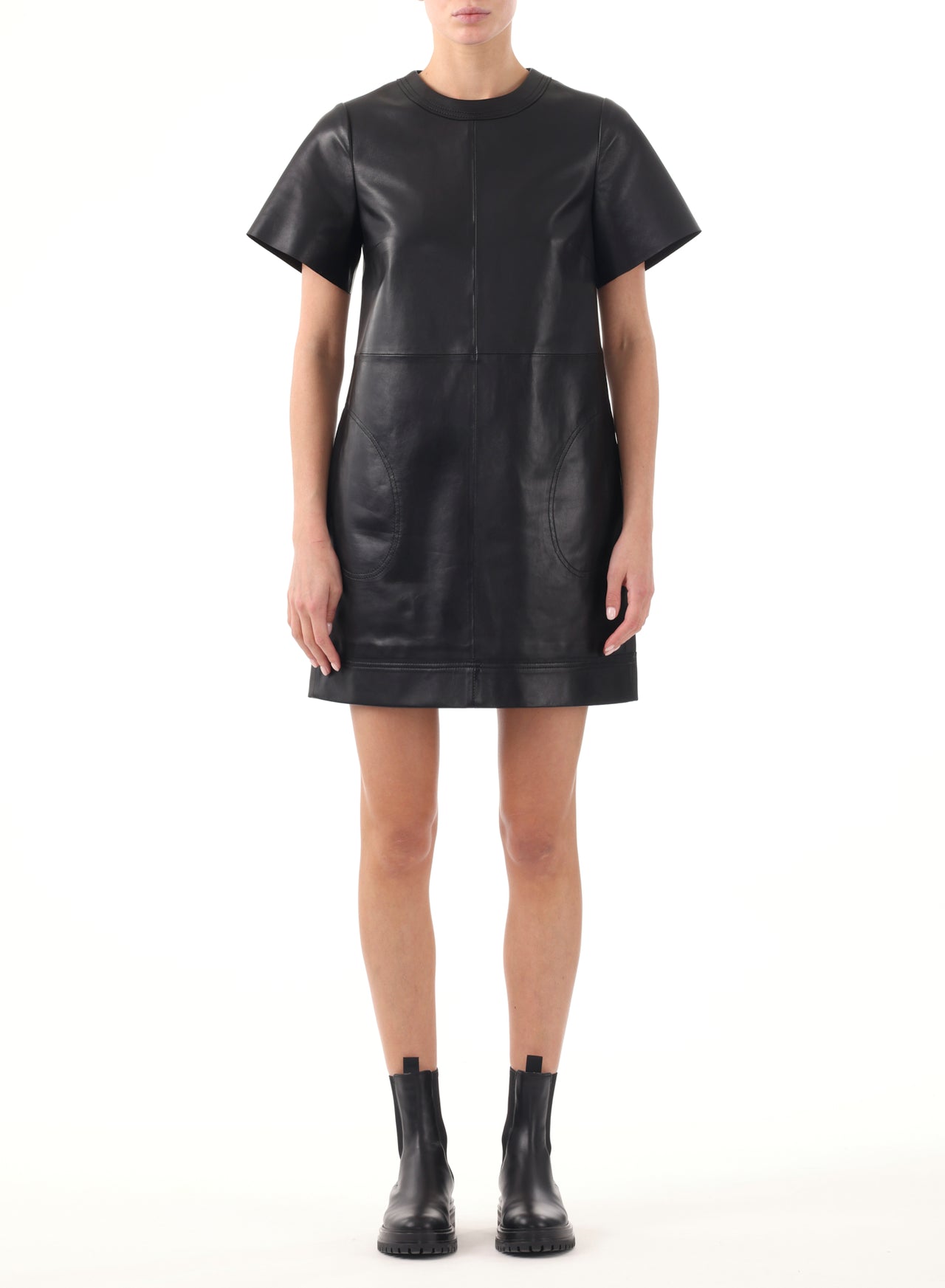 SHORT SLEEVE LEATHER SHIFT DRESS view 1