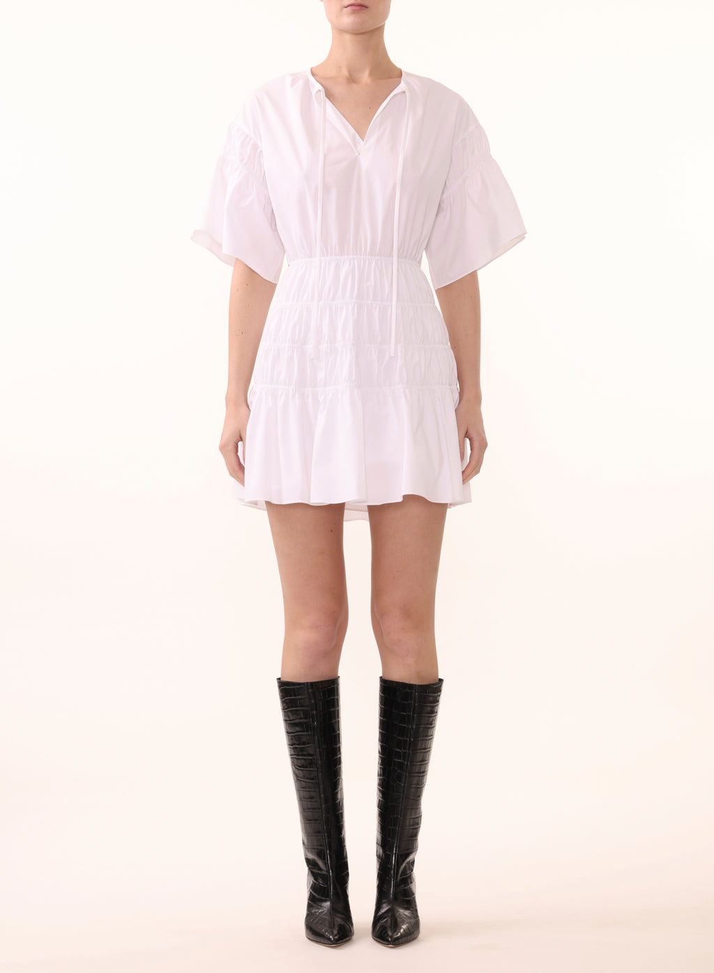 WIDE SLEEVE SHORT DRESS w/ RUCHED DETAIL view 2