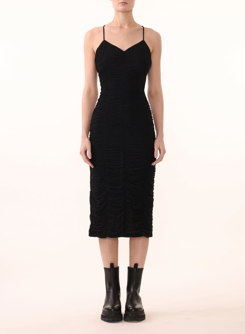 S/L SHEER JERSEY RUCHED MIDI DRESS view 2