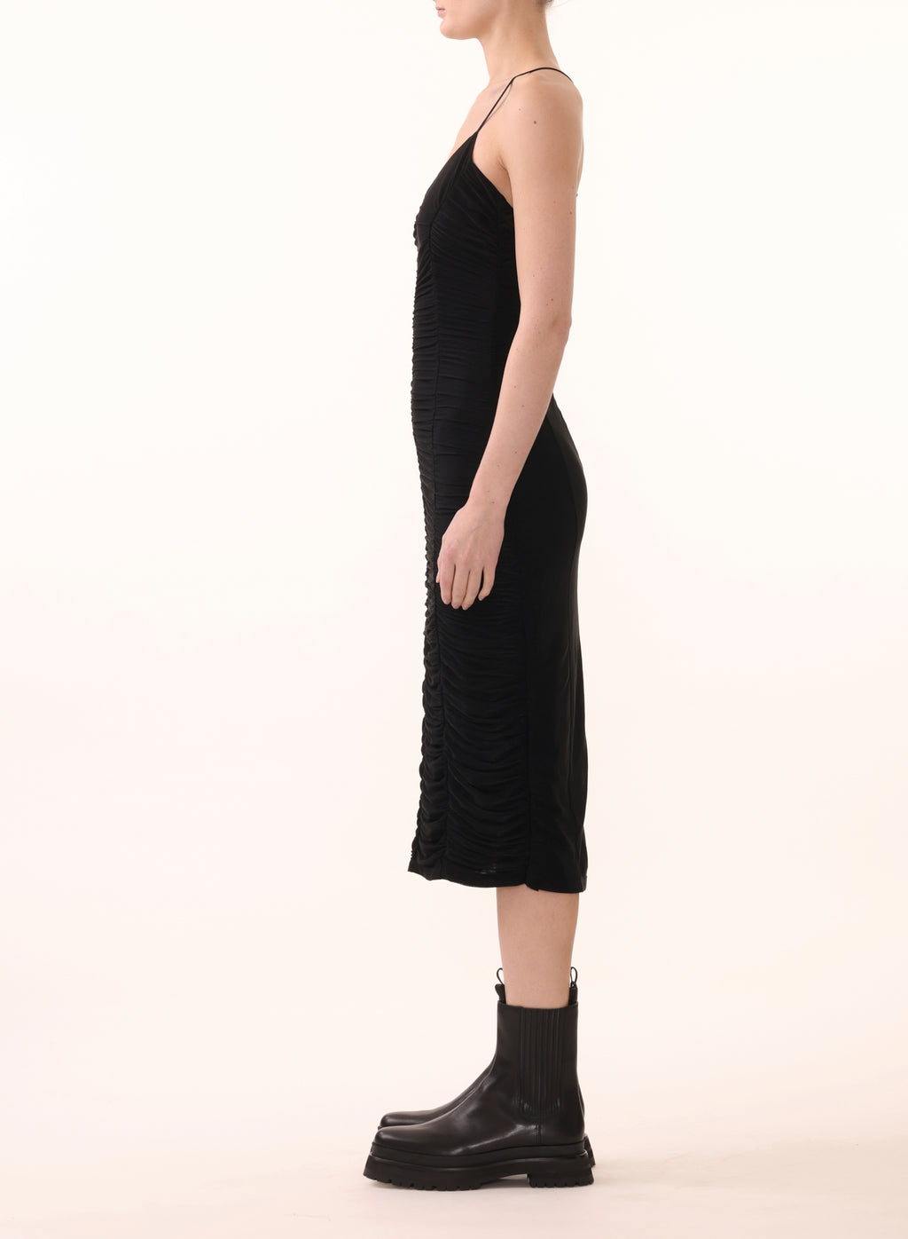 S/L SHEER JERSEY RUCHED MIDI DRESS view 3
