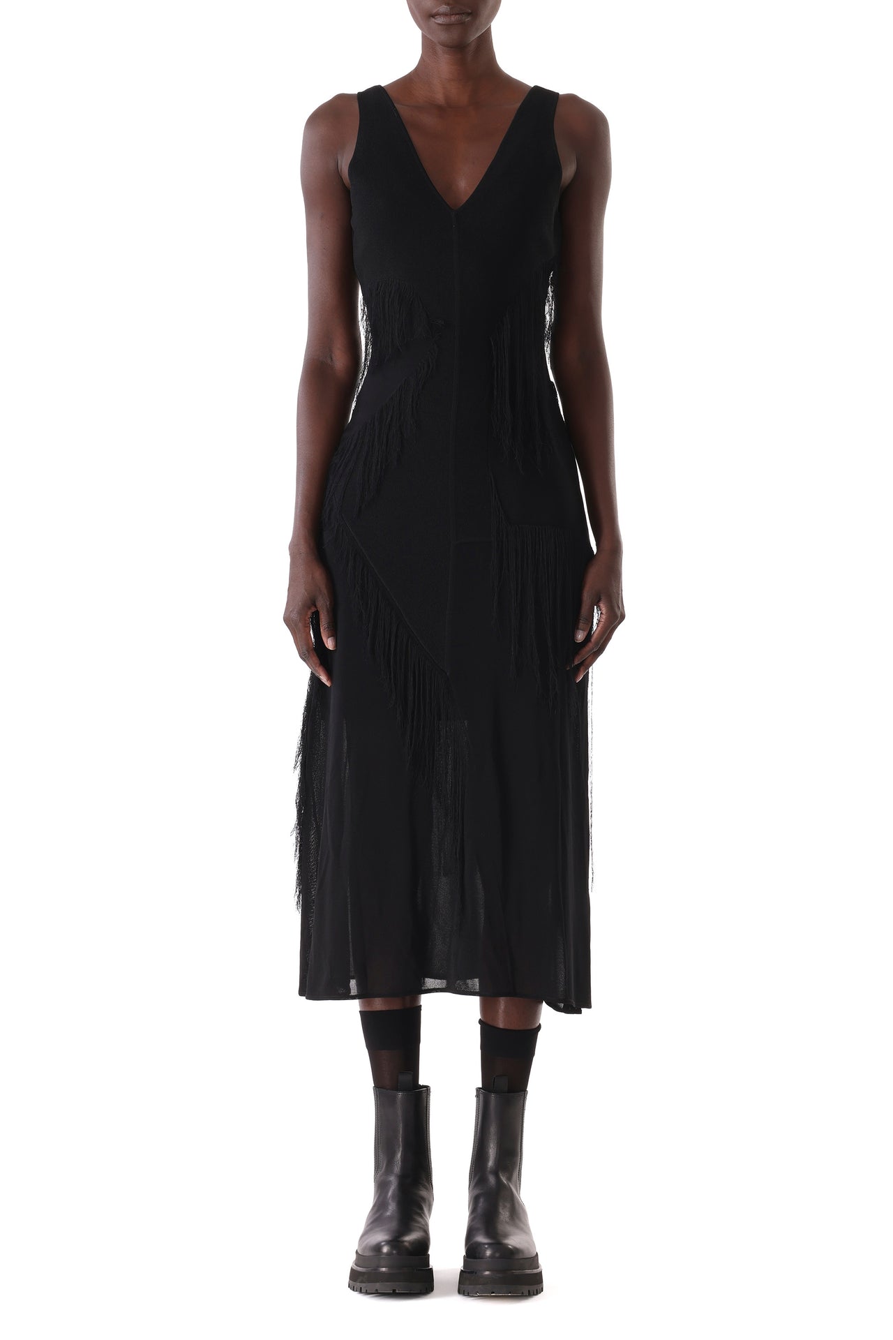 V-NECK FRINGE KNIT MIDI DRESS WITH SLIP view 4