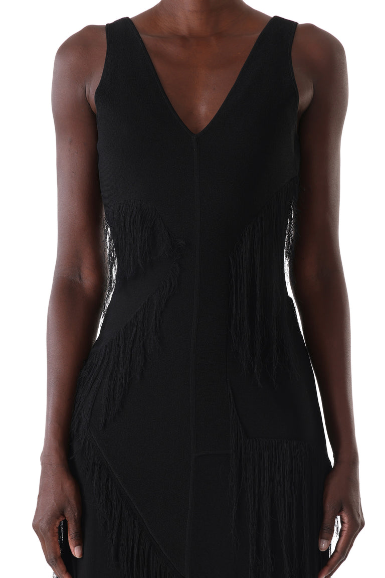V-NECK FRINGE KNIT MIDI DRESS WITH SLIP view 5
