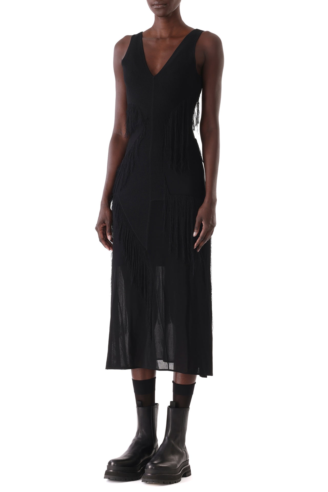 V-NECK FRINGE KNIT MIDI DRESS WITH SLIP view 6