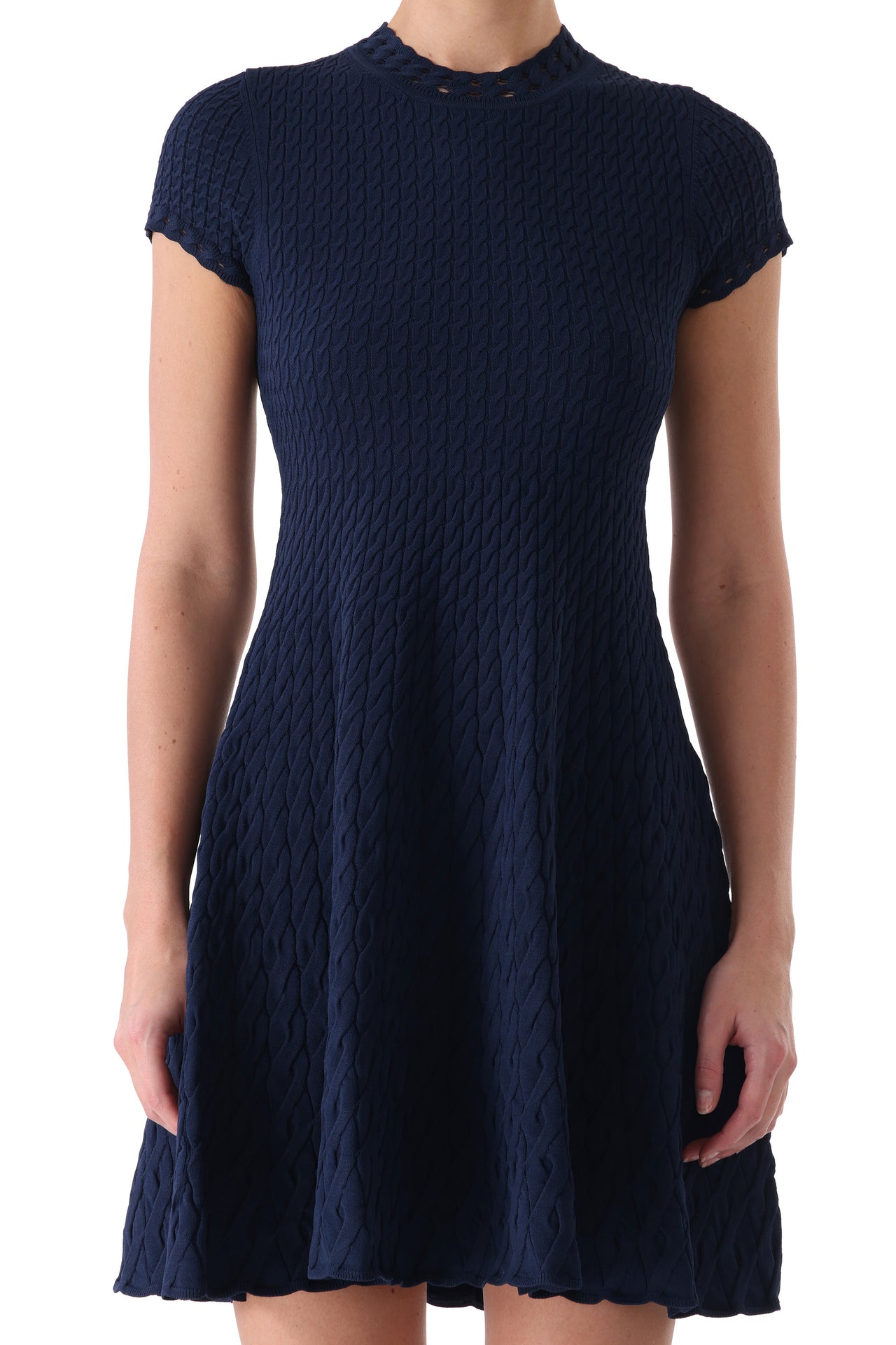 SHORT SLEEVE CABLE KNIT FIT AND FLARE DRESS view 2