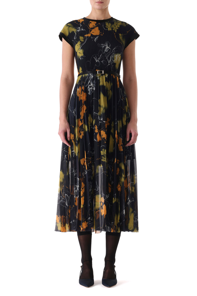SHADOW FLORAL CREPE CHIFFON PLEATED MIDI DRESS view 2