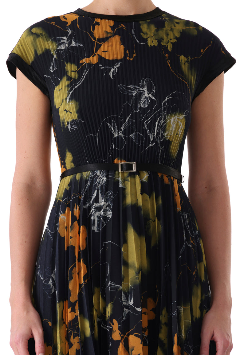 SHADOW FLORAL CREPE CHIFFON PLEATED MIDI DRESS view 5