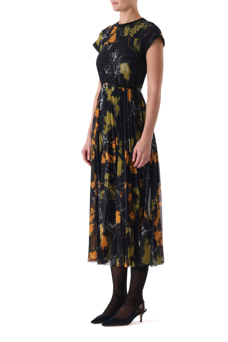 SHADOW FLORAL CREPE CHIFFON PLEATED MIDI DRESS view 3