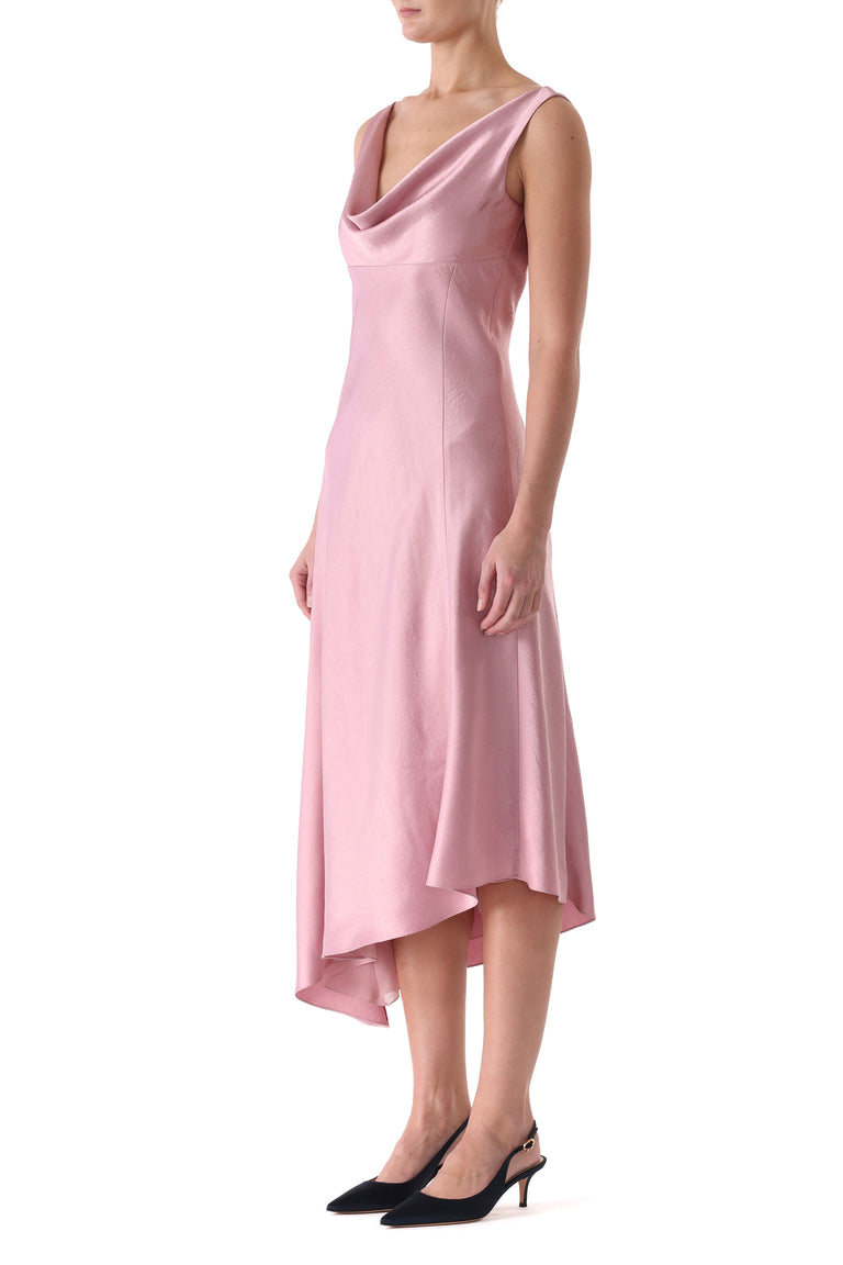 PLUNGING COWL WASHED TWILL BIAS FLARED MIDI DRESS view 2