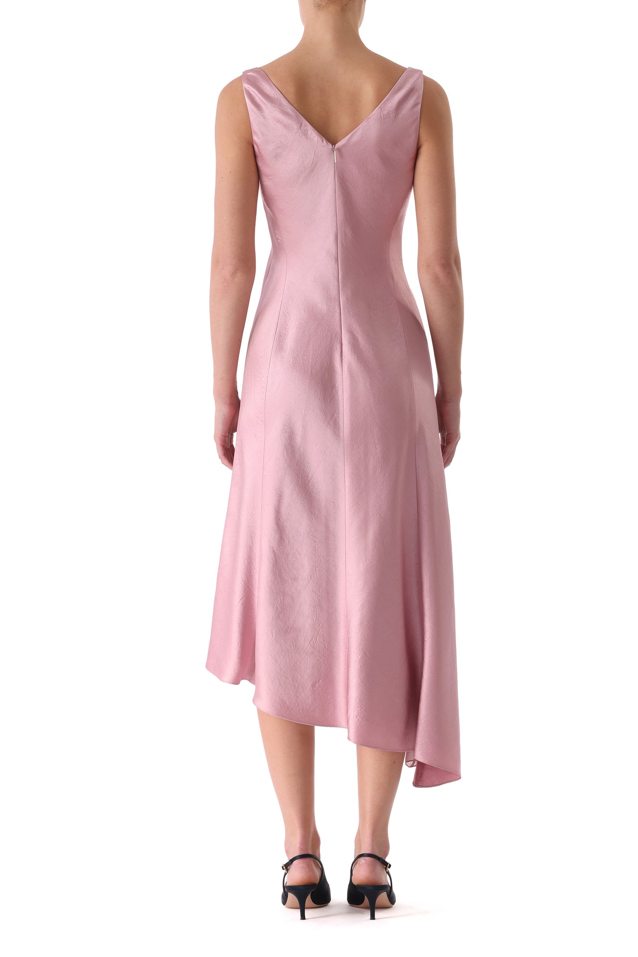 PLUNGING COWL WASHED TWILL BIAS FLARED MIDI DRESS view 3
