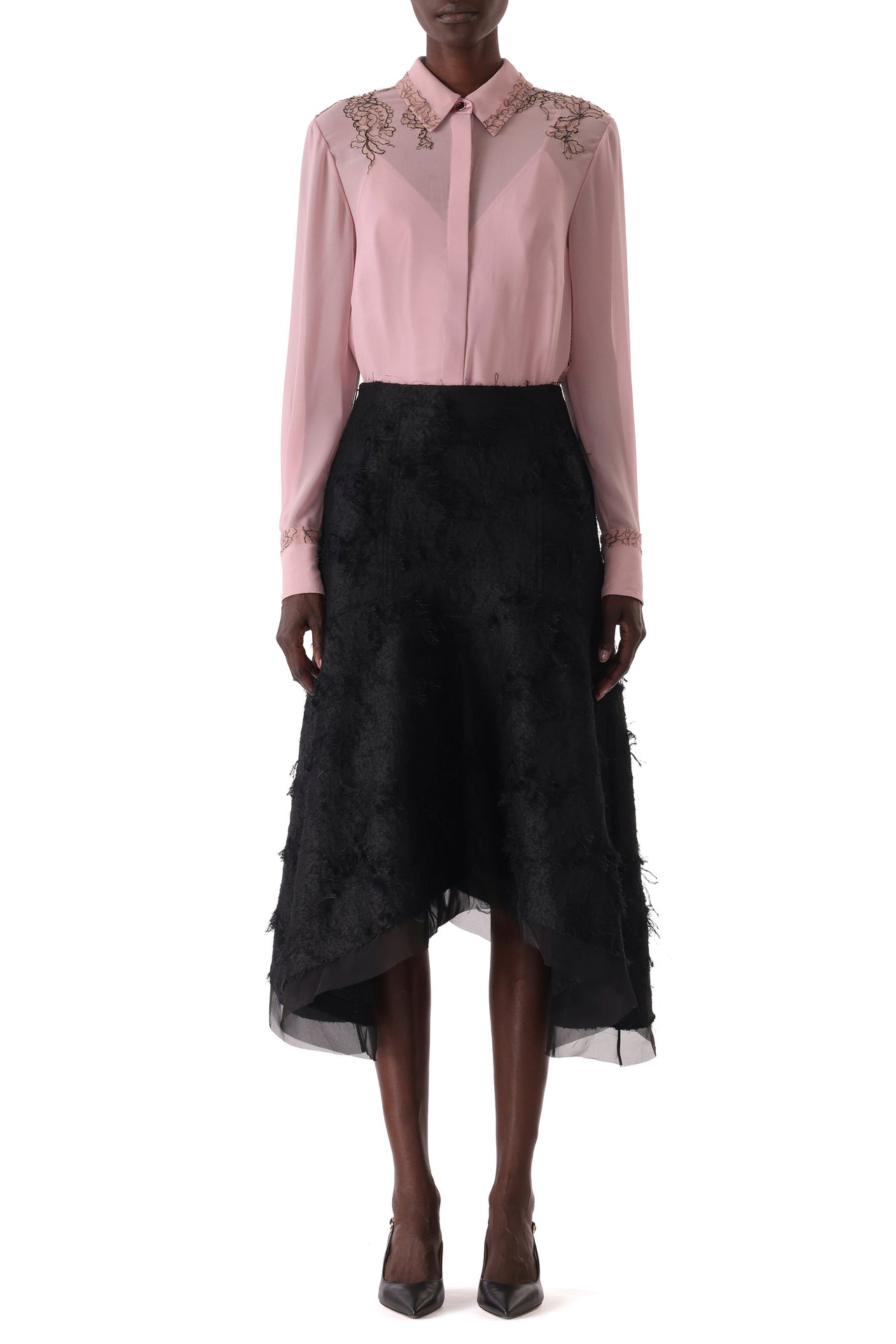 CREPE CHIFFON BUTTON-UP SHIRT WITH LACE view 3