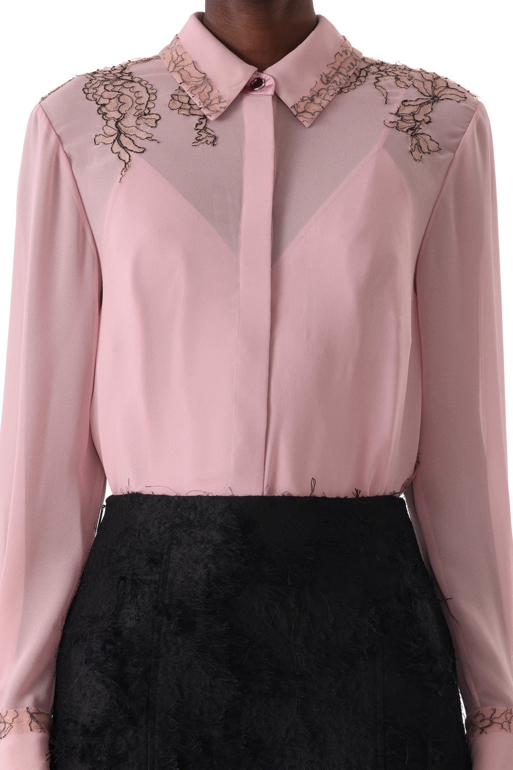 CREPE CHIFFON BUTTON-UP SHIRT WITH LACE