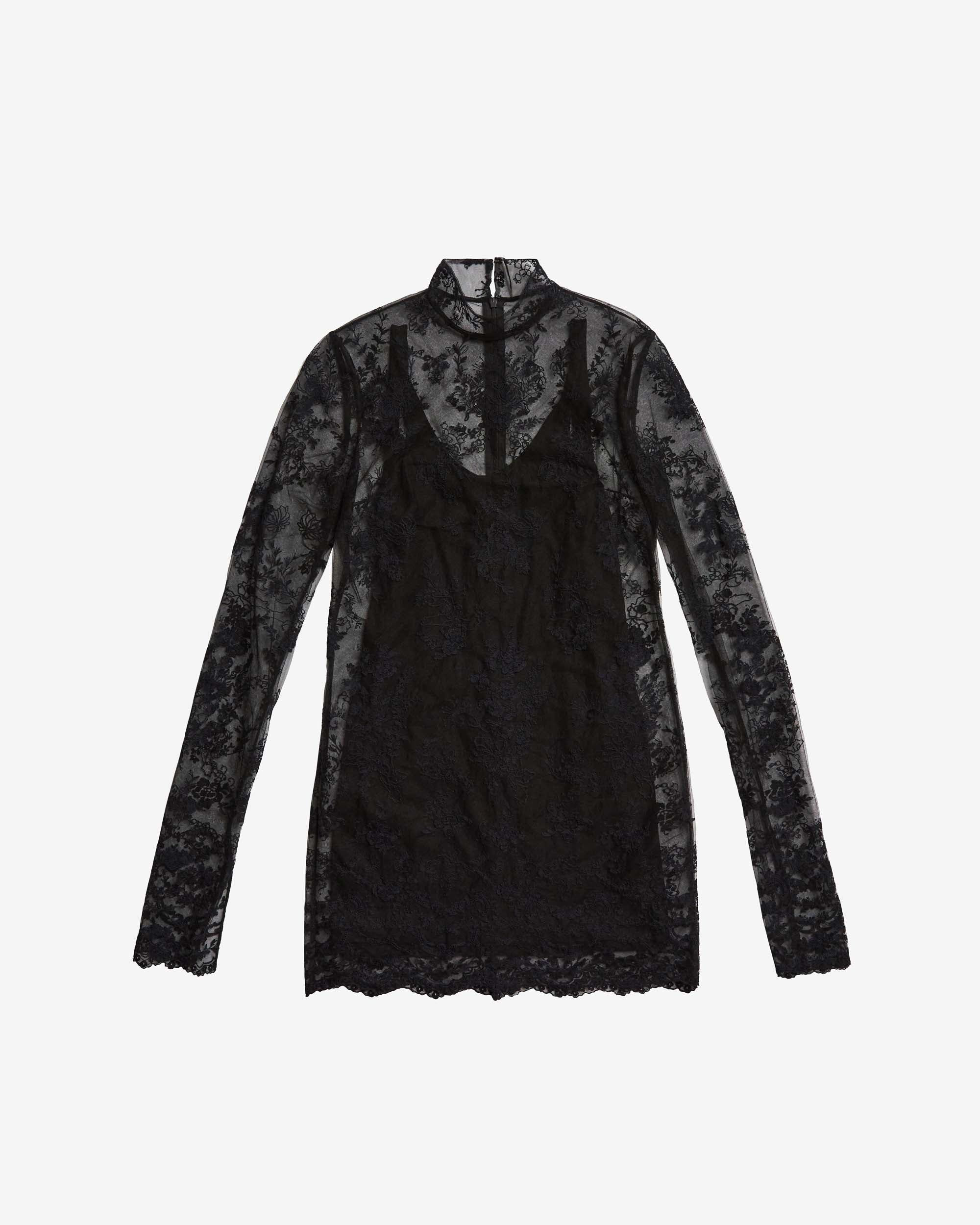 FLORAL EMBROIDERED TULLE L/S HIGH NECK MINI DRESS