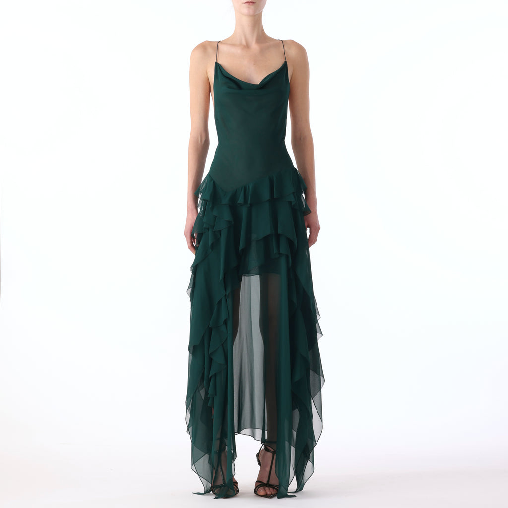 CHIFFON S/L GOWN WITH RUFFLE DETAILS view 1