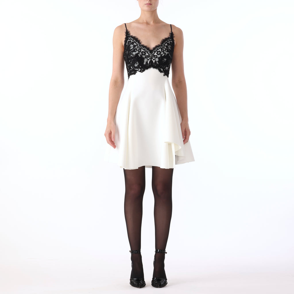 S/L BONDED CREPE MINI DRESS WITH CORDED BOUQUET LACE view 1