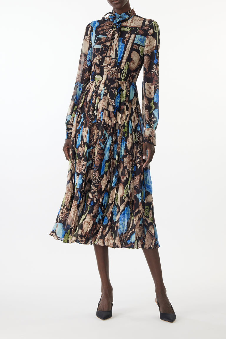TIE-NECK PLEATED MIDI DRESS IN CREPE CHIFFON view 3