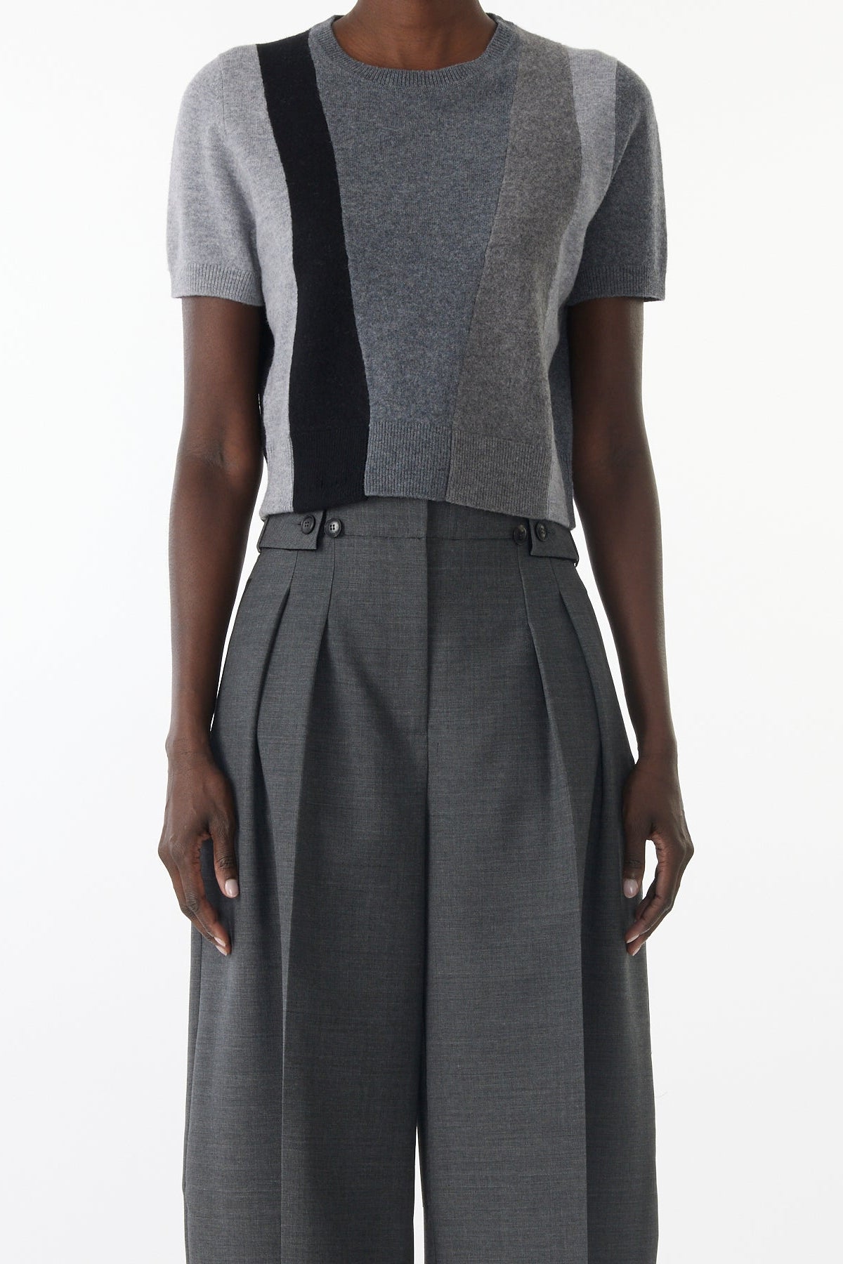 ASYMMETRICAL PANELLED SHORT SLEEVE WOOL SWEATER view 1
