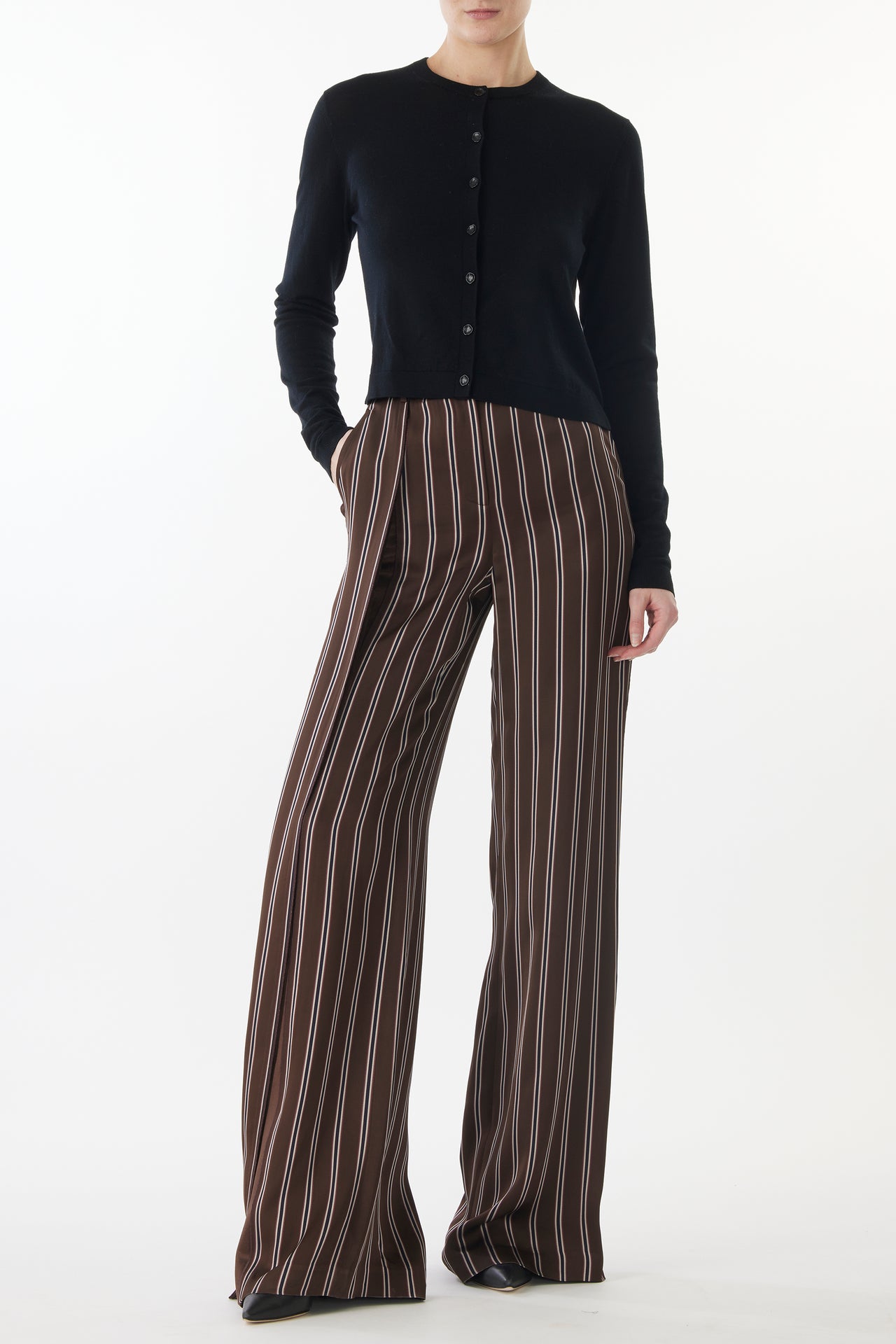 MERINO KNIT CARDIGAN WITH WOVEN STRIPED BACK view 1