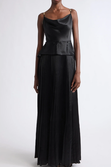 COWL NECK GOWN WITH KNIFE PLEATED SKIRT IN WASHED TWILL view 1
