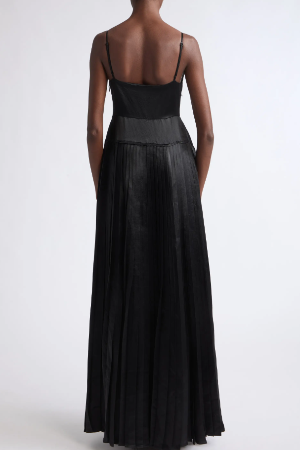 COWL NECK GOWN WITH KNIFE PLEATED SKIRT IN WASHED TWILL view 2