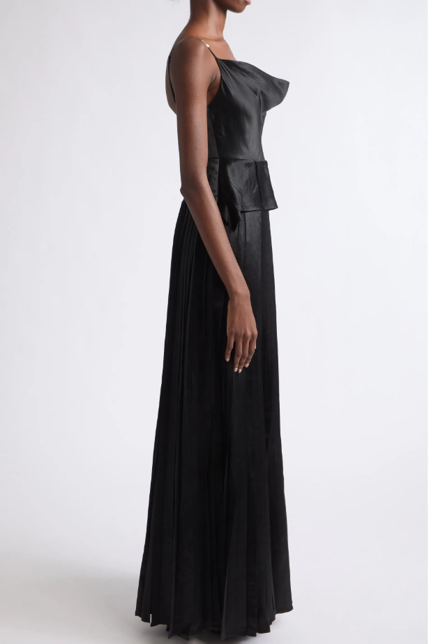COWL NECK GOWN WITH KNIFE PLEATED SKIRT IN WASHED TWILL view 3