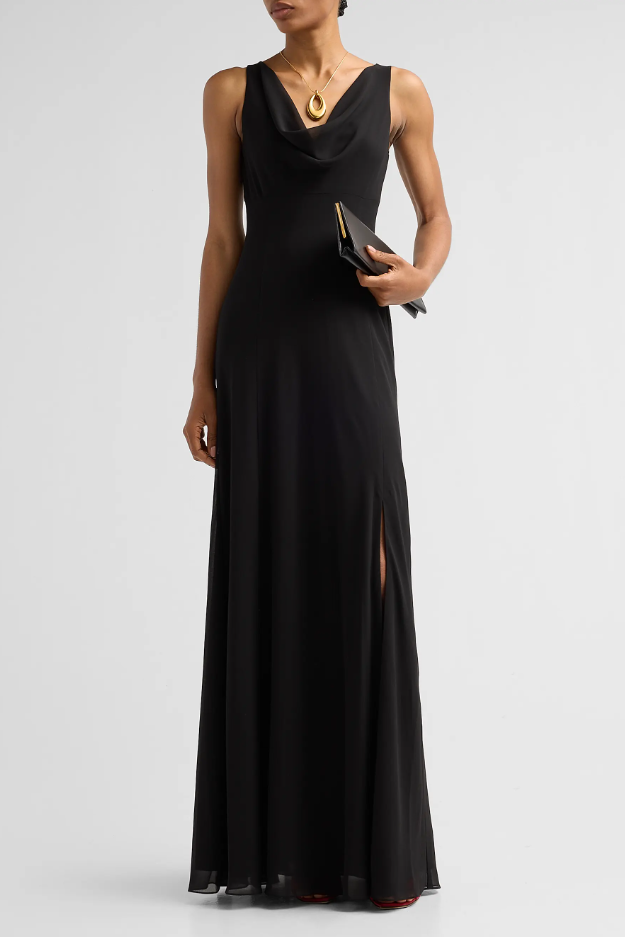 PLUNGING COWL CREPE CHIFFON BIAS GOWN IN BLACK view 1