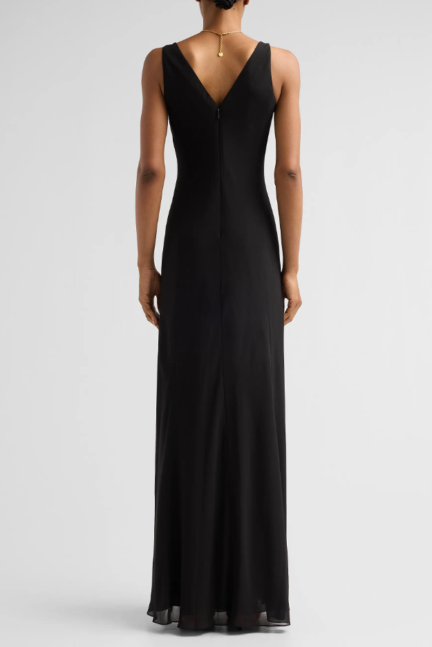 PLUNGING COWL CREPE CHIFFON BIAS GOWN IN BLACK view 2