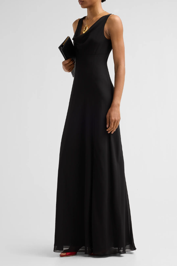 PLUNGING COWL CREPE CHIFFON BIAS GOWN IN BLACK view 3