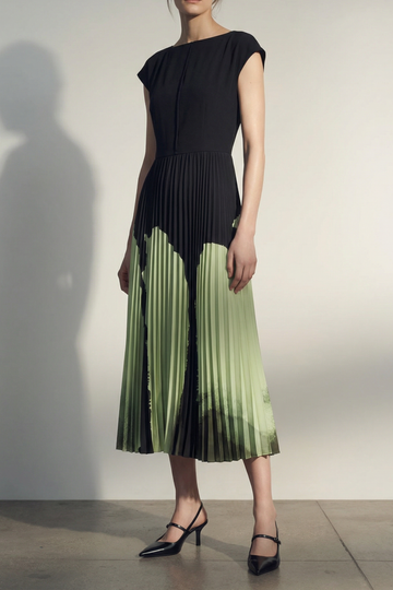 WATERCOLOR FLORAL MATTE CREPE PLEATED DRESS view 1