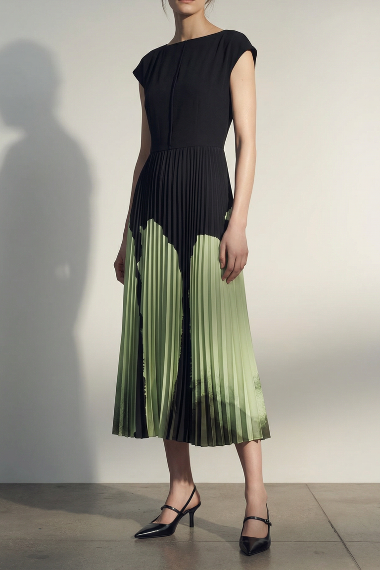 WATERCOLOR FLORAL MATTE CREPE PLEATED DRESS view 1