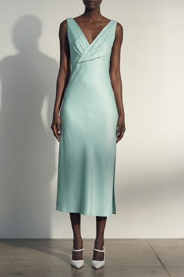 CREPE SATIN DRAPED V-NECK BIAS DRESS view 1