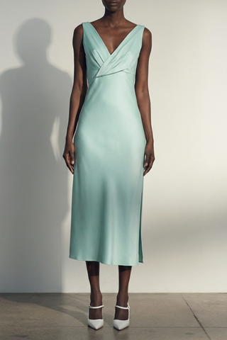 CREPE SATIN DRAPED V-NECK BIAS DRESS