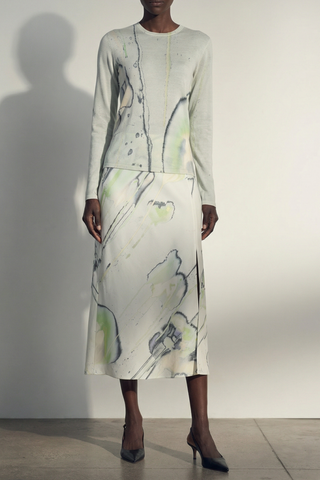 CREPE SATIN WATERCOLOR FLORAL BIAS SLIP PENCIL SKIRT