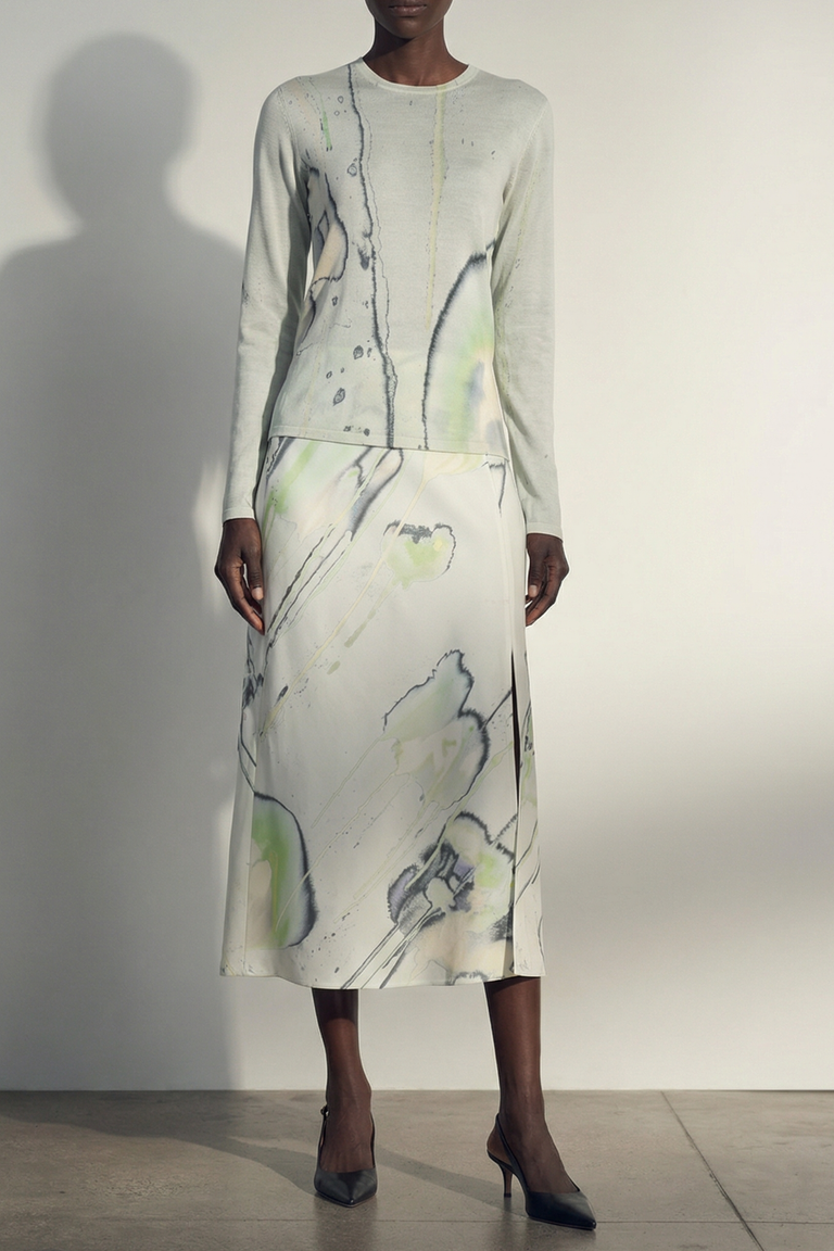 CREPE SATIN WATERCOLOR FLORAL BIAS SLIP PENCIL SKIRT view 1