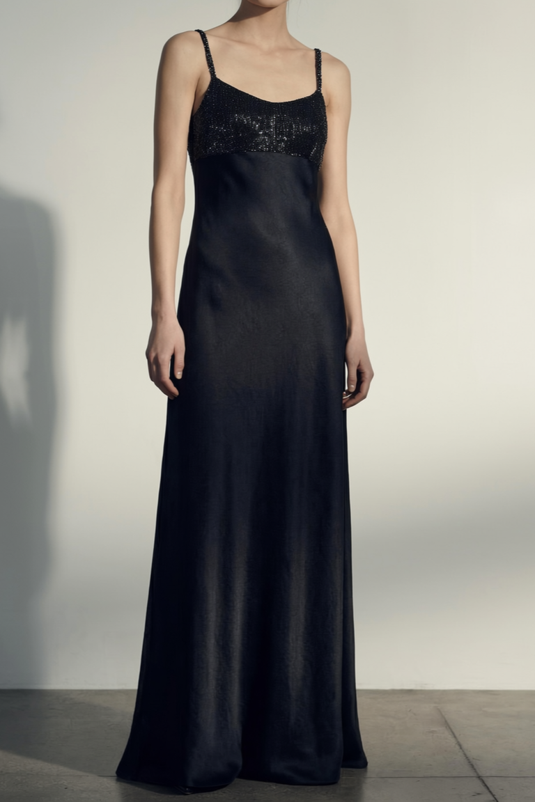 WASHED TWILL BEADED SLIP GOWN view 1