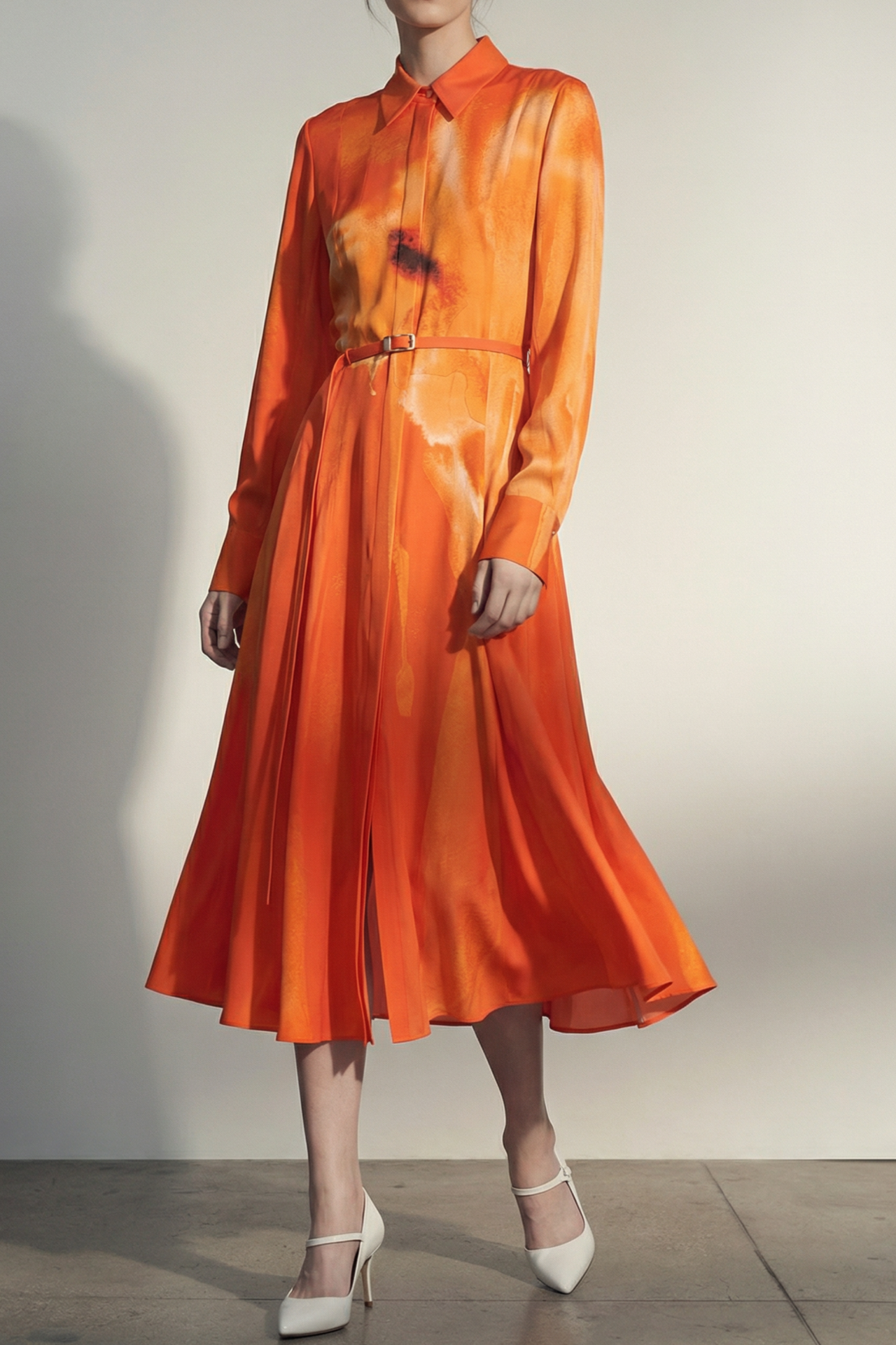 WATERCOLRO FLORAL PRINTED SILK SHIRTDRESS WITH GODET SKIRT view 1