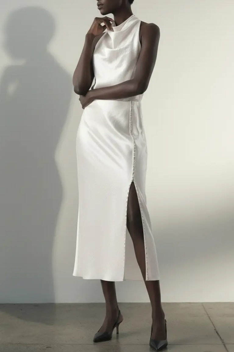 WASHED TWILL BIAS SLIP PENCIL MIDI SKIRT view 1