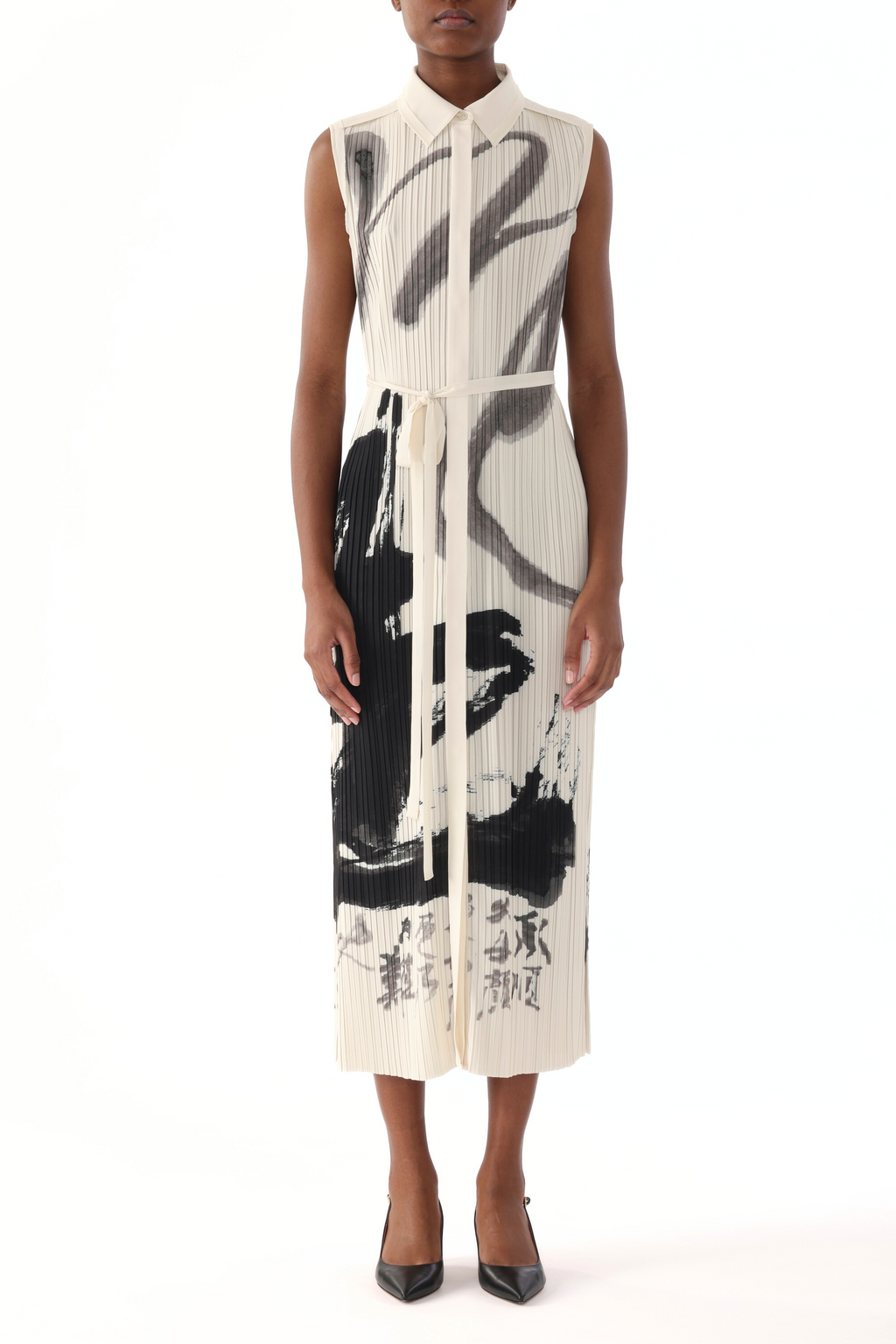 PLEATED SLEEVELESS SHIRTDRESS WITH ARTWORK BY TONG YANG TZE