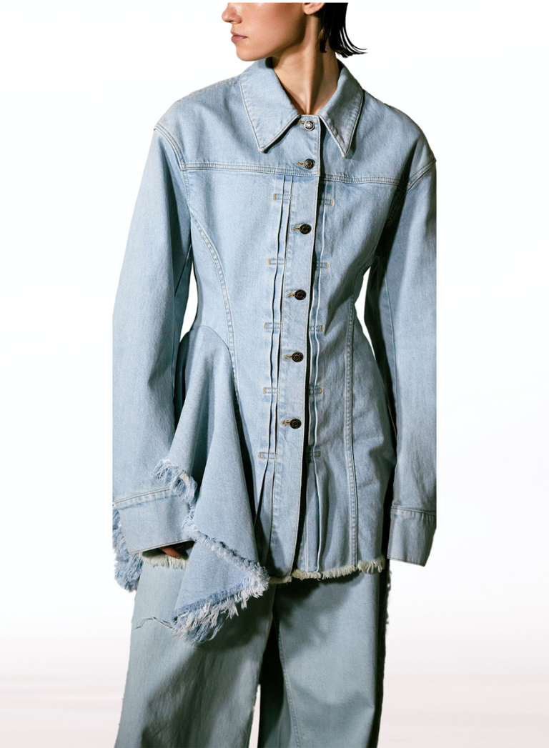 FITTED DENIM JACKET WITH ASYMMETRICAL FLOUNCE view 3