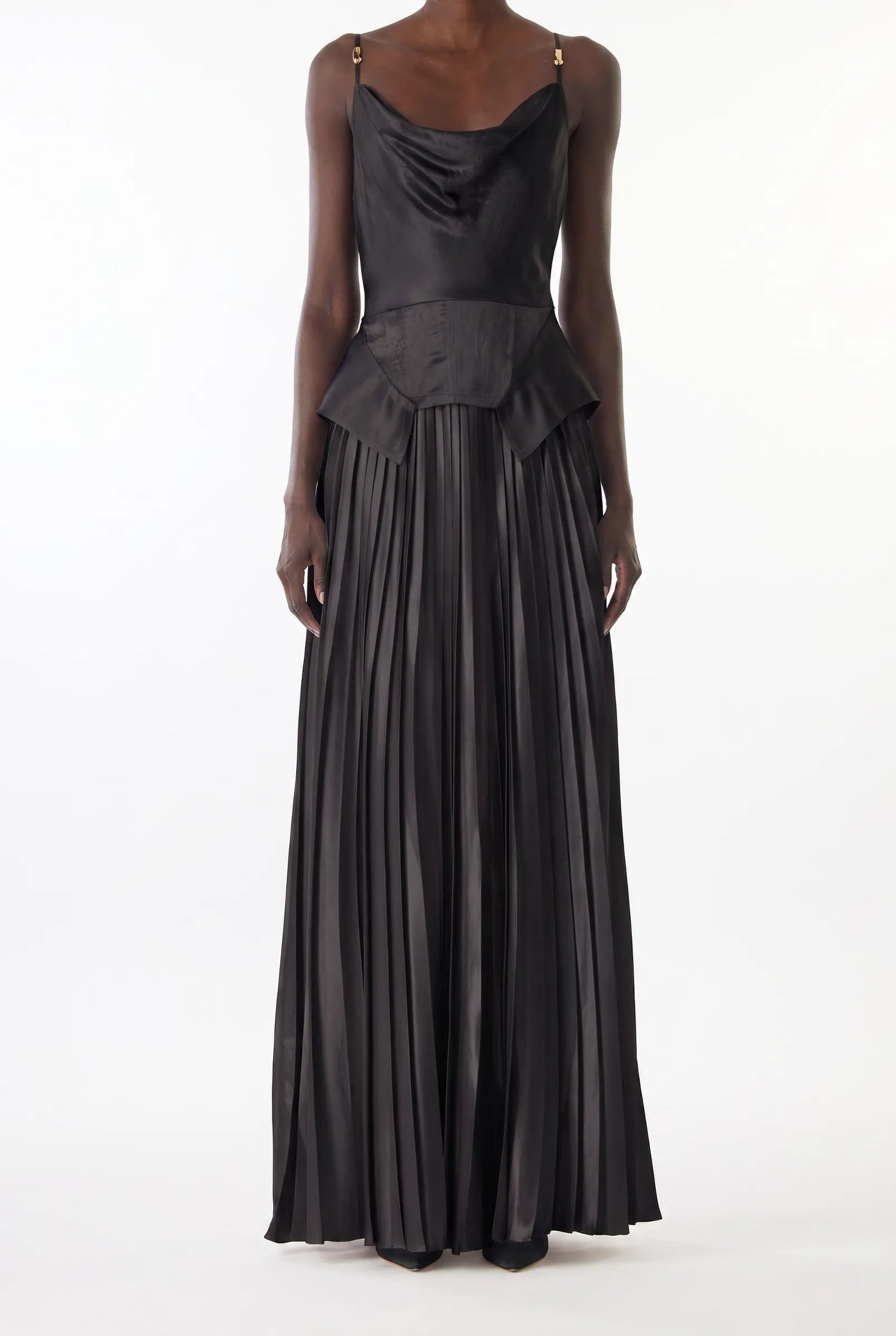 COWL NECK GOWN WITH KNIFE PLEATED SKIRT IN WASHED TWILL view 3