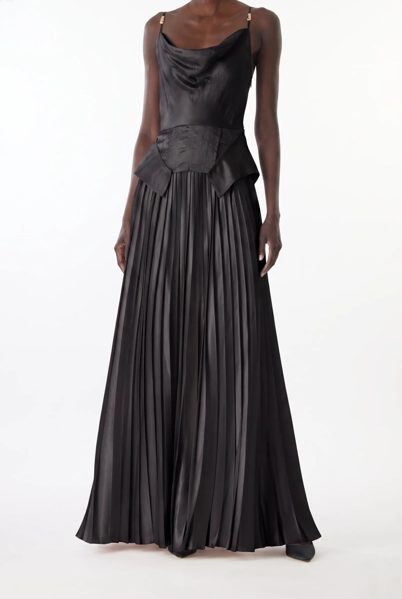 COWL NECK GOWN WITH KNIFE PLEATED SKIRT IN WASHED TWILL view 2