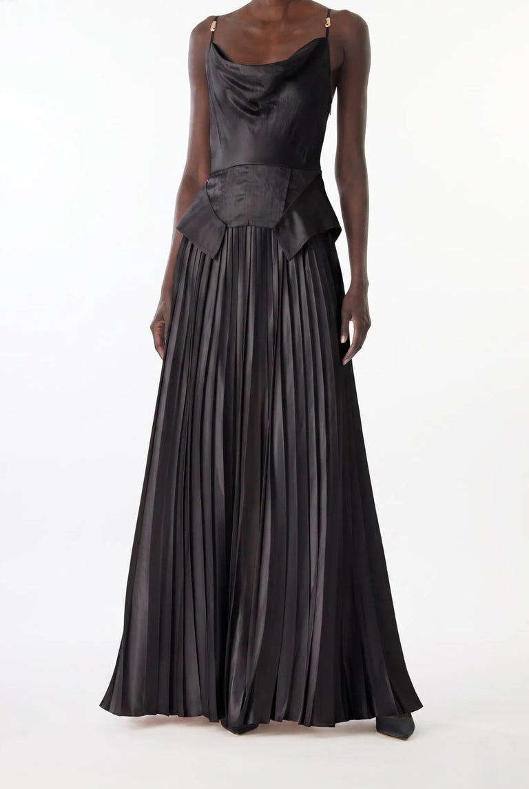 COWL NECK GOWN WITH KNIFE PLEATED SKIRT IN WASHED TWILL view 2