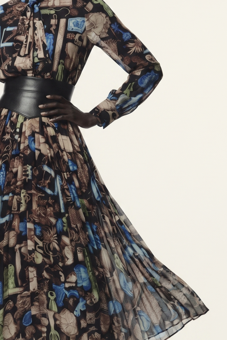 TIE-NECK PLEATED MIDI DRESS IN CREPE CHIFFON view 2