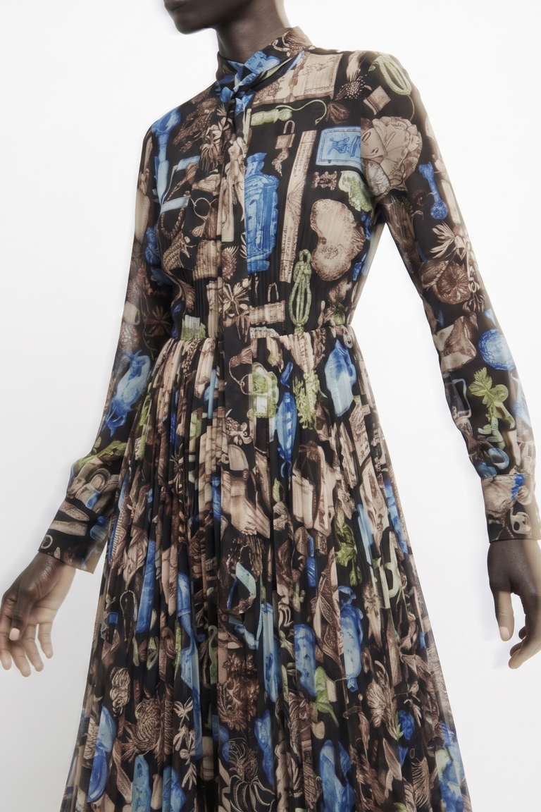 TIE-NECK PLEATED MIDI DRESS IN CREPE CHIFFON view 1