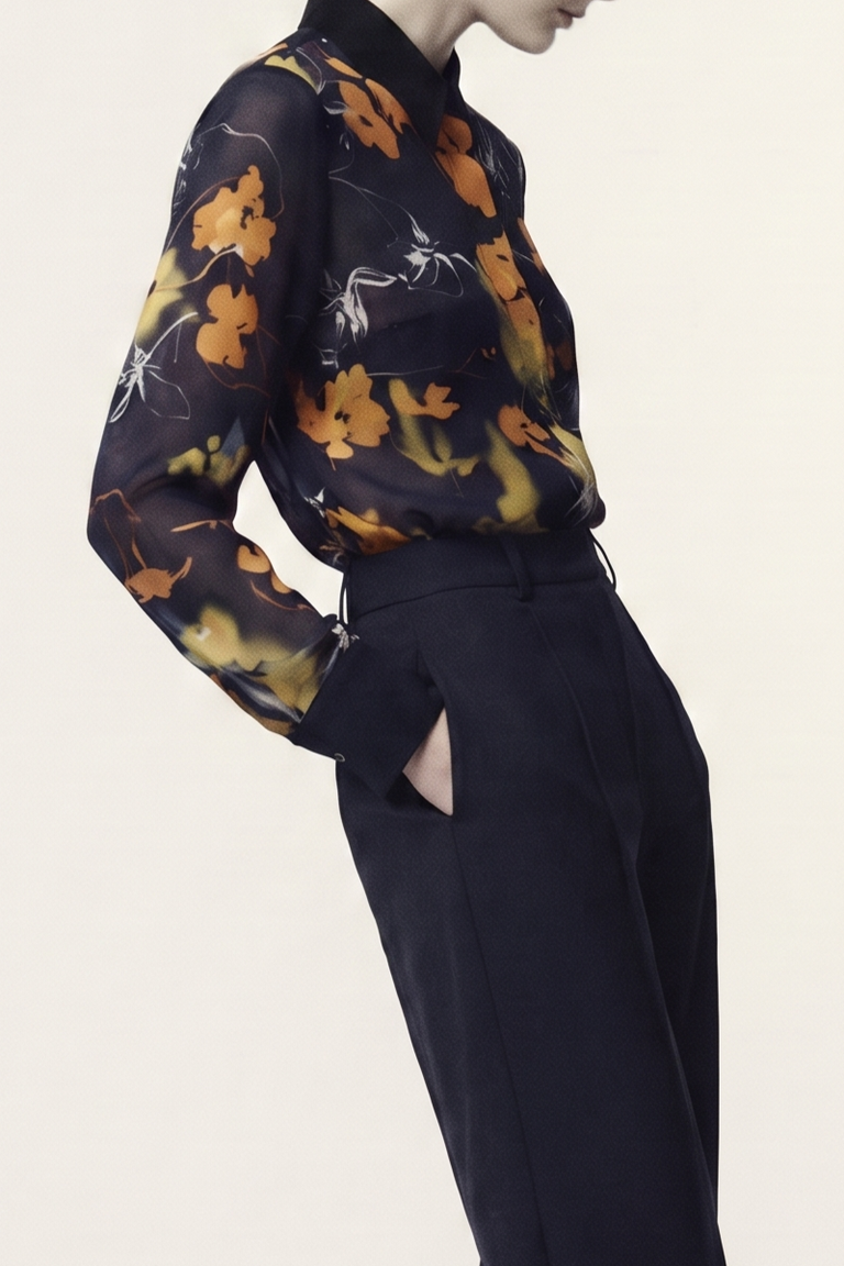 A model wearing a sheer black long-sleeve blouse with a yellow and orange floral print, paired with dark navy trousers, shown from the side against a light beige background. view 1